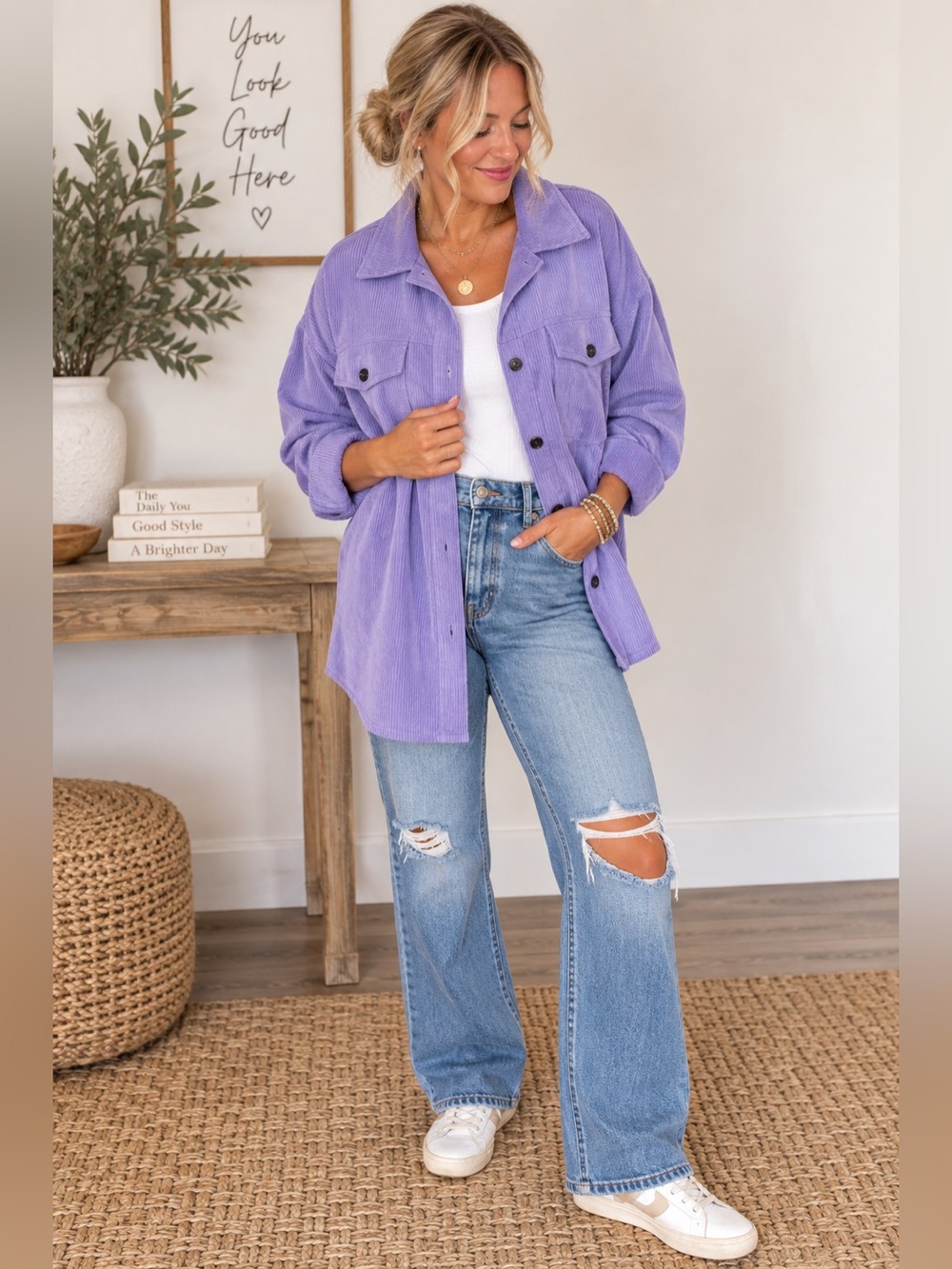 Entro Corduroy Button Down Top In Purple Haze